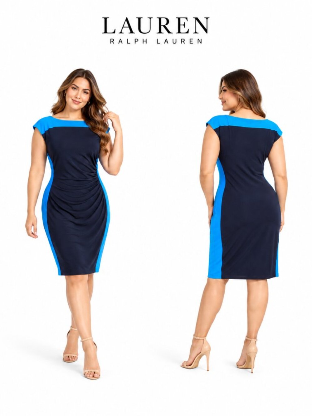 Lauren Ralph Lauren Navy Blue Colorblock Ruched Sheath Dress Size 16 NEW
